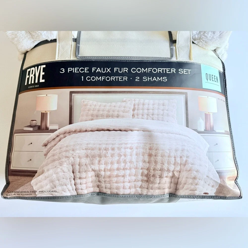 FRYE 3 Piece Luxurious Faux Fur Comforter Set Queen Ivory Plush 2 Shams NEW